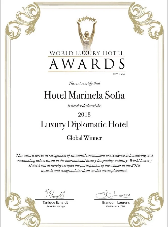 Hotel Marinela Sofia за пореден път с престижно отличие от световната организация World Luxury Hotel