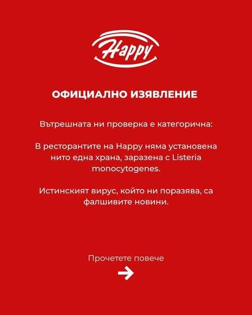 Happy: Няма заразена с Listeria monocytogenes храна в ресторантите ни